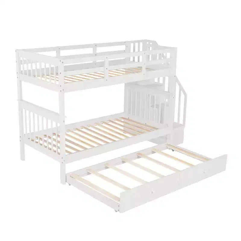 Lit superposé jumeau sur jumeau avec lit gigogne et escalier, espace de rangement optimisé