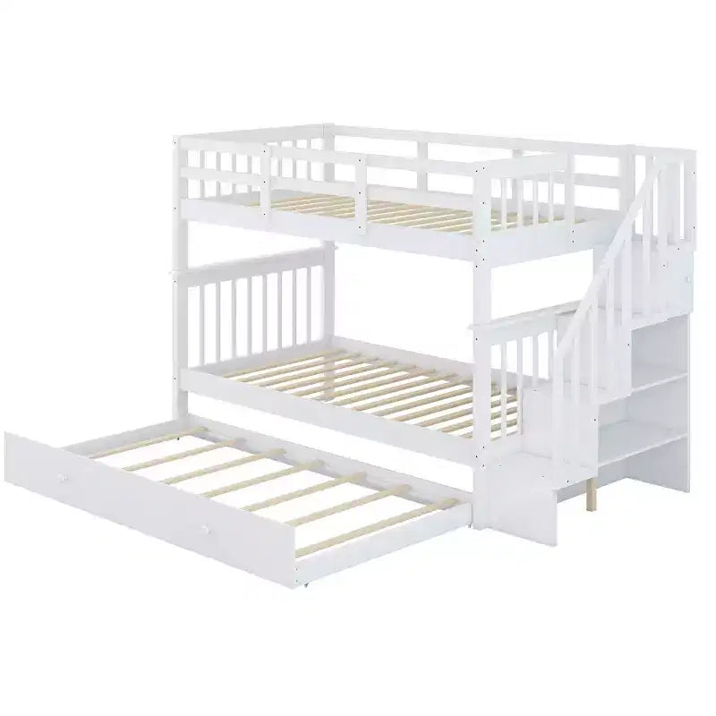 Lit superposé jumeau sur jumeau avec lit gigogne et escalier, espace de rangement optimisé