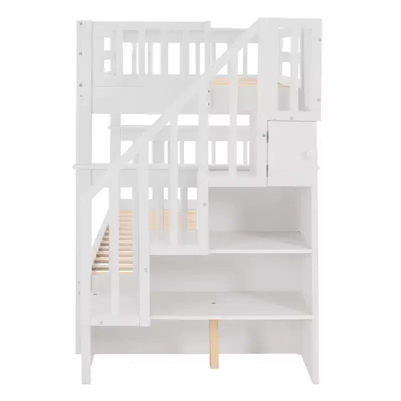 Lit superposé jumeau sur jumeau avec lit gigogne et escalier, espace de rangement optimisé