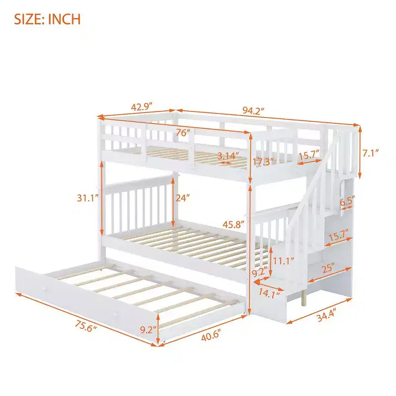 Lit superposé jumeau sur jumeau avec lit gigogne et escalier, espace de rangement optimisé