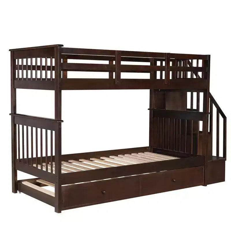 Lit superposé jumeau sur jumeau avec lit gigogne et escalier, espace de rangement optimisé