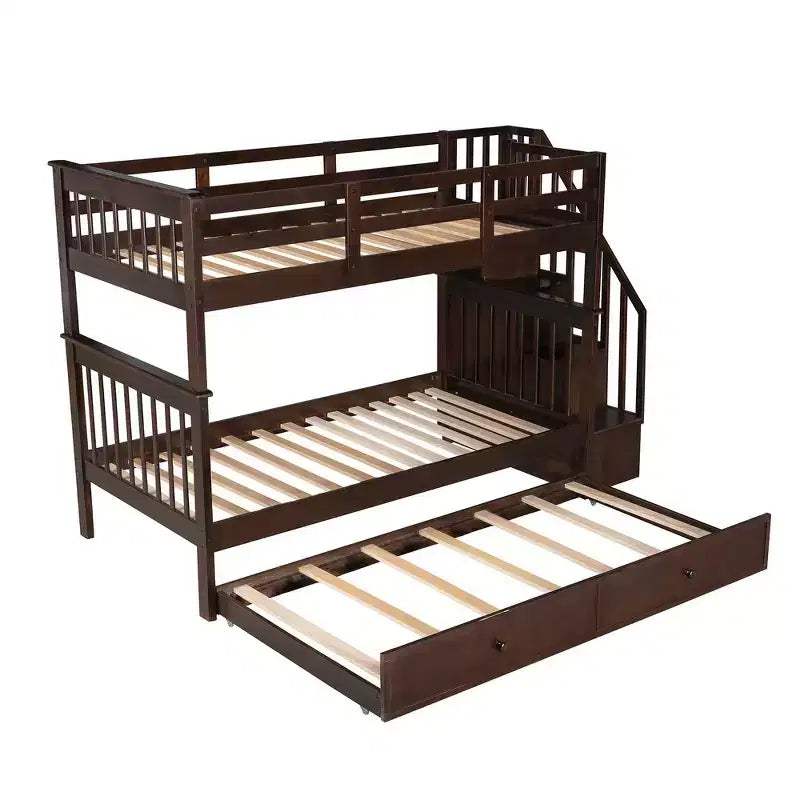 Lit superposé jumeau sur jumeau avec lit gigogne et escalier, espace de rangement optimisé