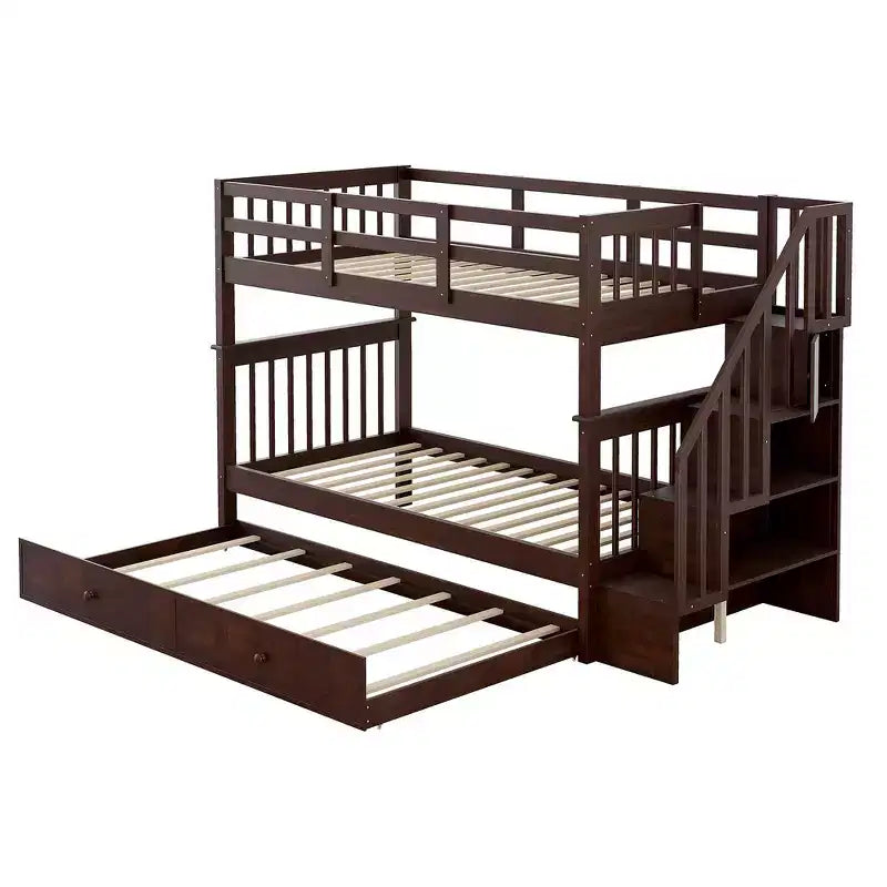 Lit superposé jumeau sur jumeau avec lit gigogne et escalier, espace de rangement optimisé