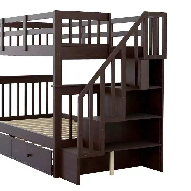 Lit superposé jumeau sur jumeau avec lit gigogne et escalier, espace de rangement optimisé