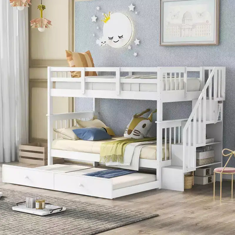 Lit superposé jumeau sur jumeau avec lit gigogne et escalier, espace de rangement optimisé