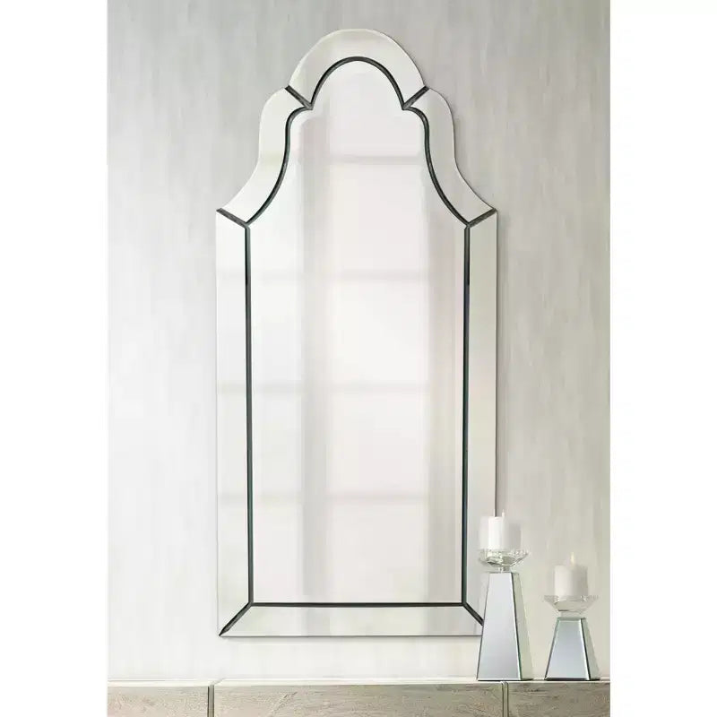 Miroir mural décoratif à dessus arqué, miroir moderne biseauté avec cadre en verre poli, 53 cm de large pour salle de bain, chambre, maison