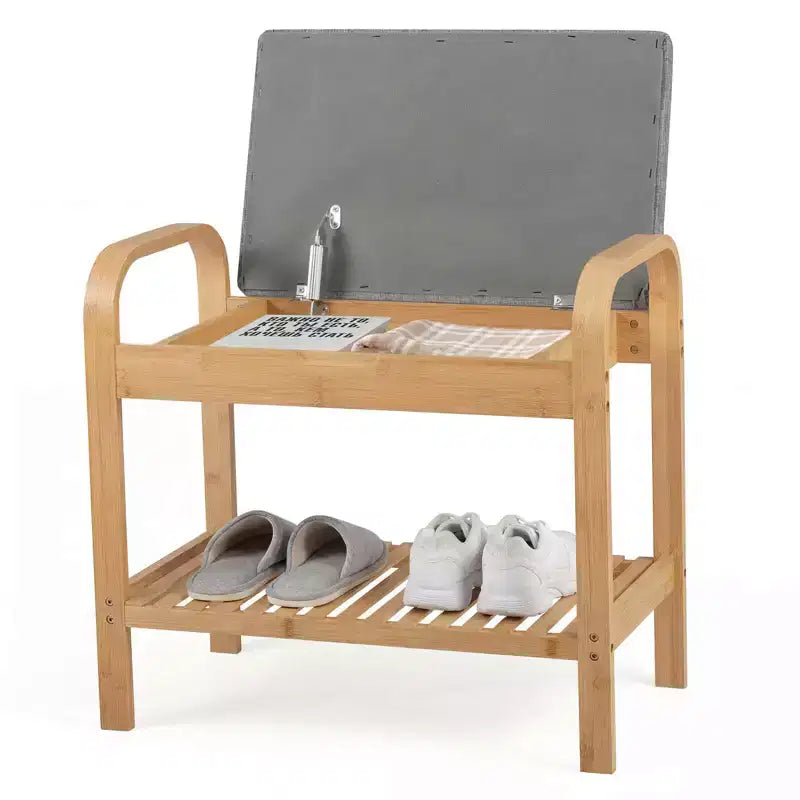 Banc à chaussures en bambou avec assise capitonnée et étagère de rangement