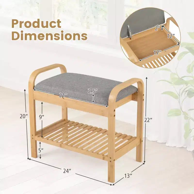 Banc à chaussures en bambou avec assise capitonnée et étagère de rangement