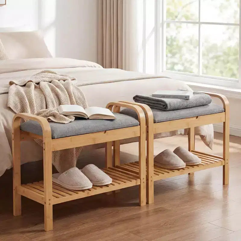 Banc à chaussures en bambou avec assise capitonnée et étagère de rangement