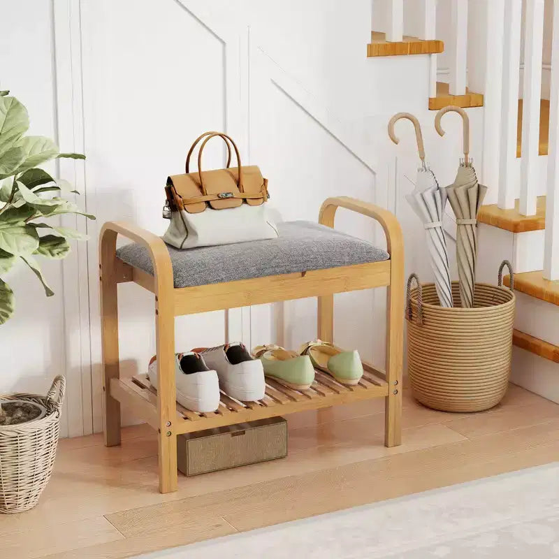 Banc à chaussures en bambou avec assise capitonnée et étagère de rangement