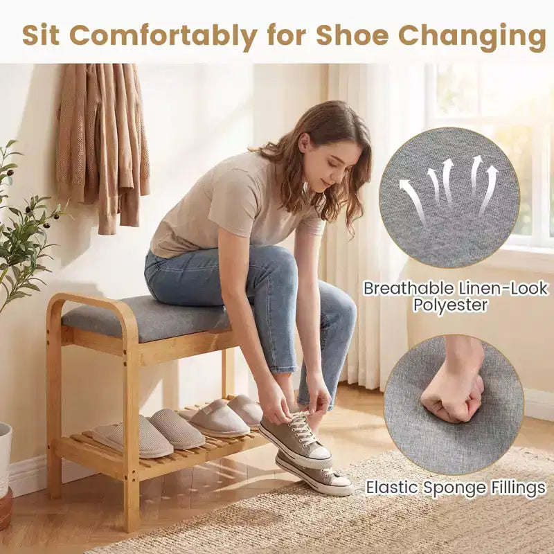 Banc à chaussures en bambou avec assise capitonnée et étagère de rangement