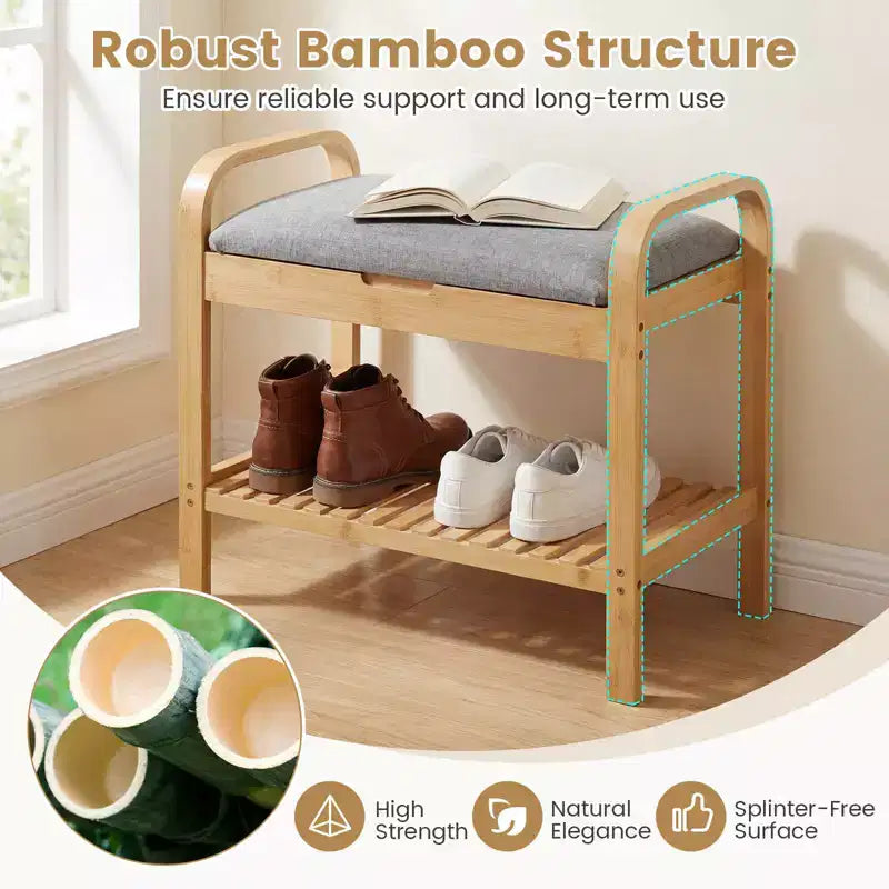 Banc à chaussures en bambou avec assise capitonnée et étagère de rangement