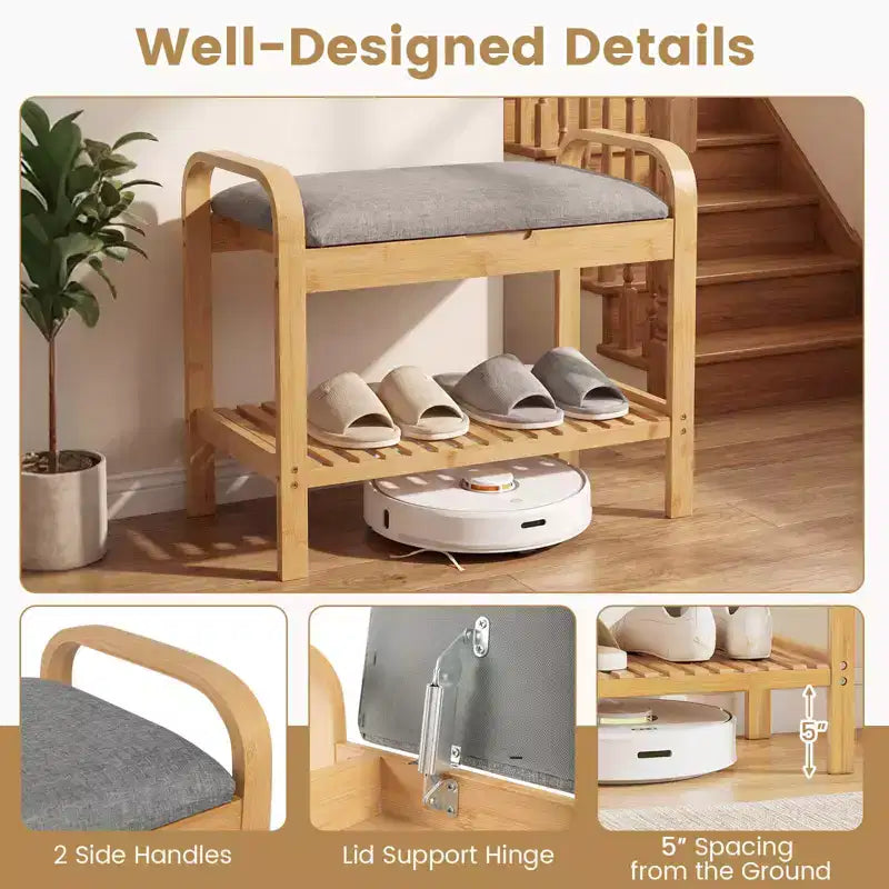Banc à chaussures en bambou avec assise capitonnée et étagère de rangement