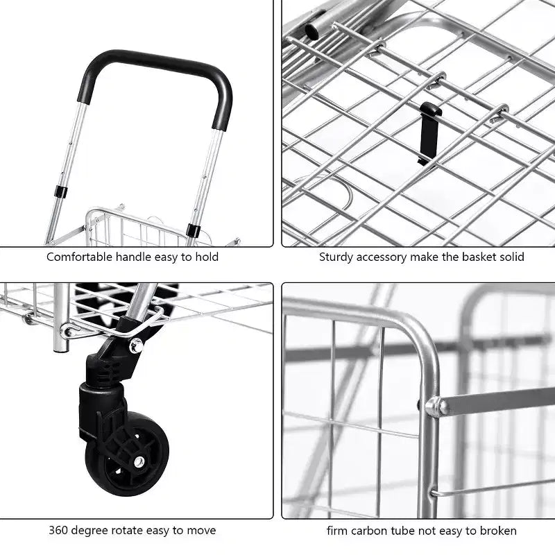 Chariot de courses pliable, panier utilitaire roulant, poignée réglable, neuf