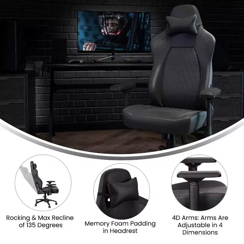 Fauteuil de gaming ergonomique à dossier haut et réglable avec accoudoirs 4D, oreiller cervical et soutien lombaire réglable